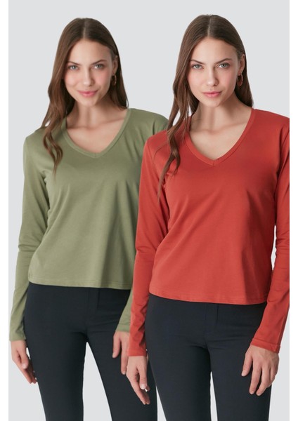 V Yaka Uzun Kol 2'li Basic T-Shirt 954 Haki/kiremit