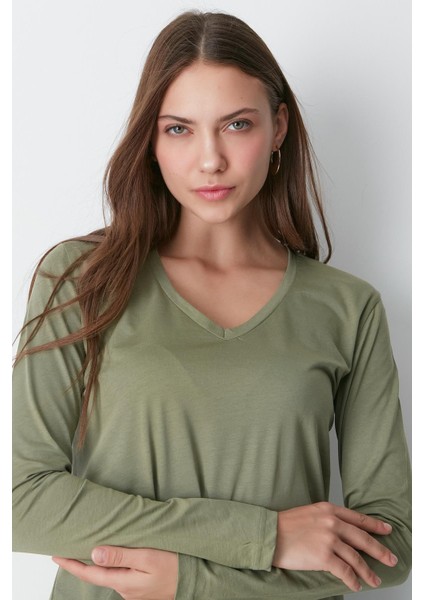 V Yaka Uzun Kol 2'li Basic T-Shirt 954 Haki/kiremit fiyatları