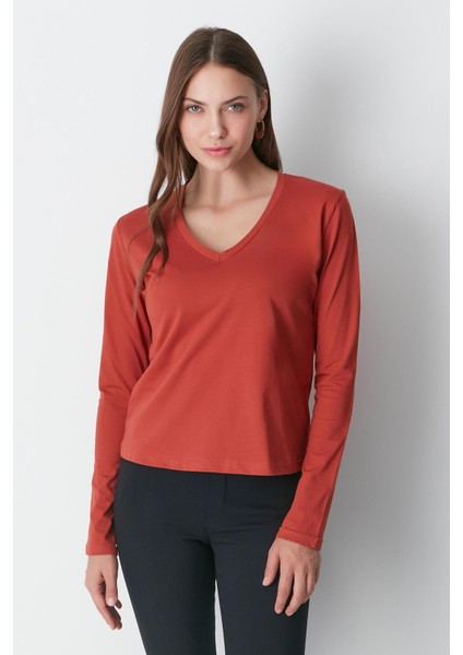V Yaka Uzun Kol 2'li Basic T-Shirt 954 Haki/kiremit modelleri
