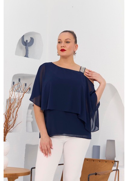 Omuz Taş Detay Içlikli Şifon Büyük Beden Bluz Lacivert