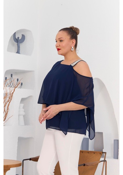Omuz Taş Detay Içlikli Şifon Büyük Beden Bluz Lacivert modelleri