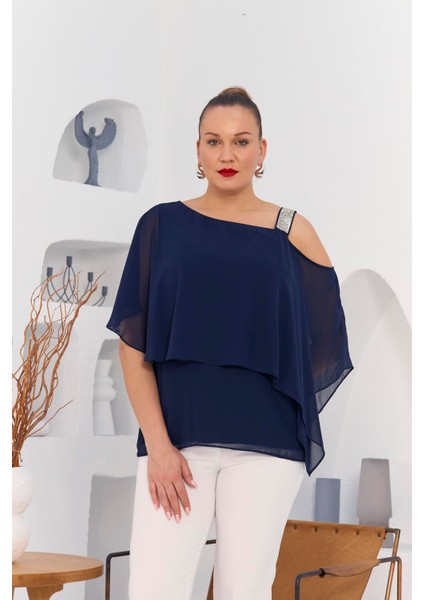 Omuz Taş Detay Içlikli Şifon Büyük Beden Bluz Lacivert fırsatları