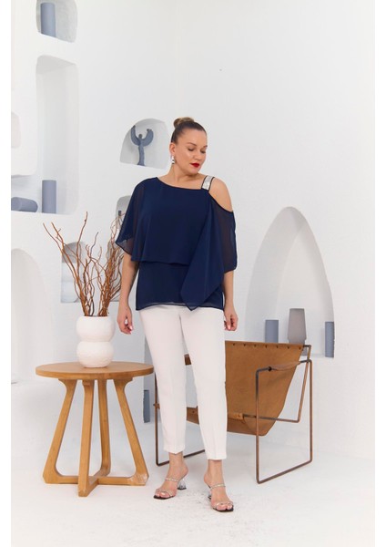 Omuz Taş Detay Içlikli Şifon Büyük Beden Bluz Lacivert indirimleri