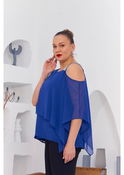 Omuz Taş Detay Içlikli Şifon Büyük Beden Bluz Saks fiyatları