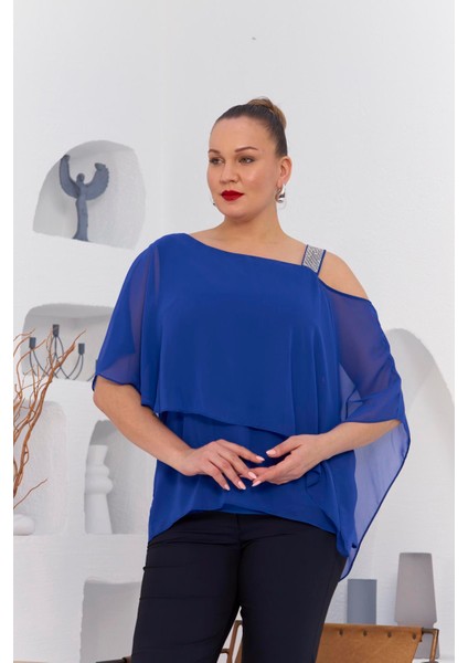 Omuz Taş Detay Içlikli Şifon Büyük Beden Bluz Saks modelleri