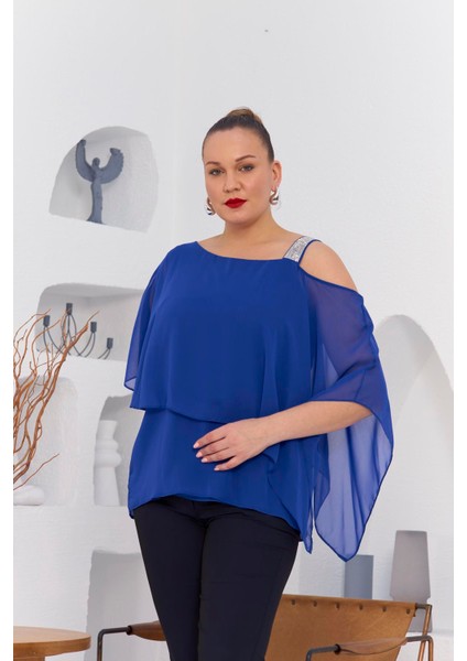 Omuz Taş Detay Içlikli Şifon Büyük Beden Bluz Saks fırsatları