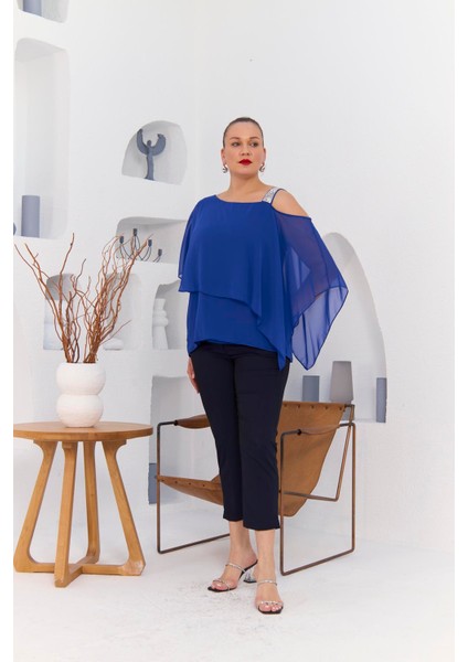 Omuz Taş Detay Içlikli Şifon Büyük Beden Bluz Saks indirimleri