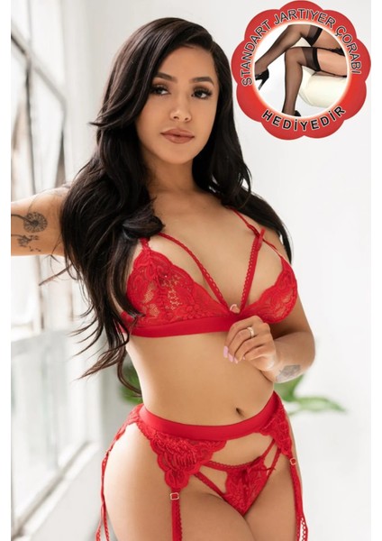 Mulvxley LEY02 Kırmızı Dantelli Jartiyer Takımı 1240 (Mulvix)