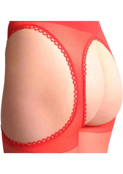 Mulvxley LEY02 Kırmızı Kenarları Dantelli Özel Bölgesi Açık Külotlu Çorap (Mulvix)