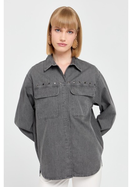 Kadın Kuşgözü Zımbalı Kapaklı Cepli Pamuk Gömlek Antrasit