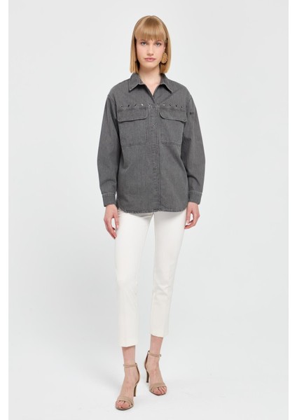 Kadın Kuşgözü Zımbalı Kapaklı Cepli Pamuk Gömlek Antrasit fiyatları