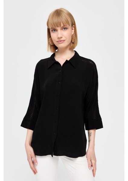Kadın Kolları Dantel Şeritli Maroken Gömlek Siyah