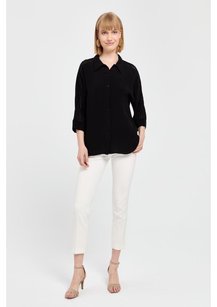 Kadın Kolları Dantel Şeritli Maroken Gömlek Siyah fiyatları