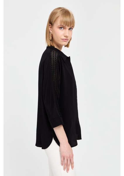 Kadın Kolları Dantel Şeritli Maroken Gömlek Siyah modelleri