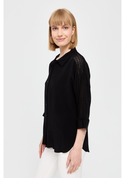 Kadın Kolları Dantel Şeritli Maroken Gömlek Siyah indirimleri