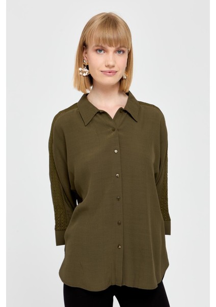 Kadın Kolları Dantel Şeritli Maroken Gömlek Haki