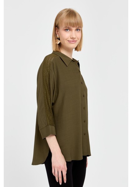 Kadın Kolları Dantel Şeritli Maroken Gömlek Haki fiyatları