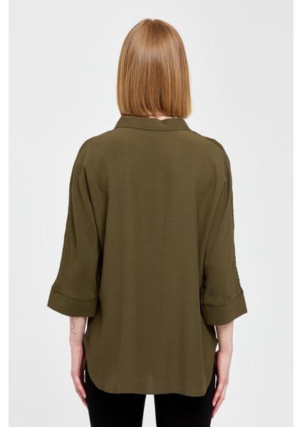 Kadın Kolları Dantel Şeritli Maroken Gömlek Haki fırsatları