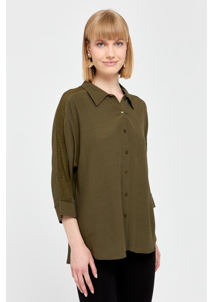 Kadın Kolları Dantel Şeritli Maroken Gömlek Haki indirimleri