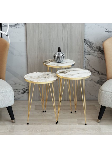 Mhr Group Mobilya, Beyaz Üçlü Zigon Sehpa, Zigon Sehpa, Gold Ayaklı Zigon Sehpa,zigon Sehpa Seti