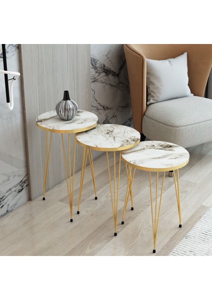 Mhr Group Mobilya, Beyaz Üçlü Zigon Sehpa, Zigon Sehpa, Gold Ayaklı Zigon Sehpa,zigon Sehpa Seti