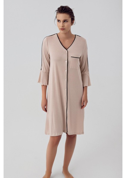 Düğmeli Uzun Kollu Kısa Esnek Viskon Hamile Gecelik 16107