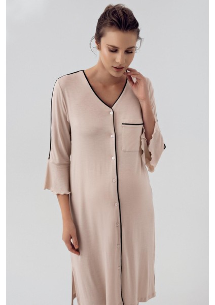 Düğmeli Uzun Kollu Kısa Esnek Viskon Hamile Gecelik 16107 modelleri