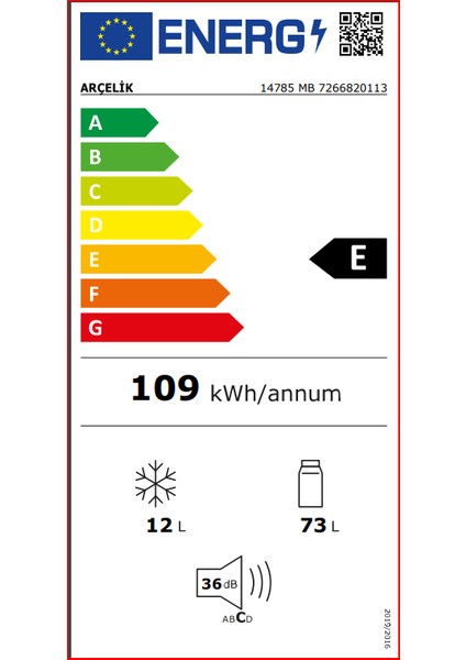 14785 MB E Enerji Sınıfı 12 lt Statik Mini Buzdolabı