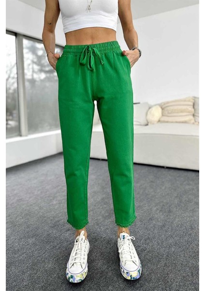 Kadın Beli Lastikli Paçası Püskül Detay Parça Boya Gabardin Yeşil Pantolon