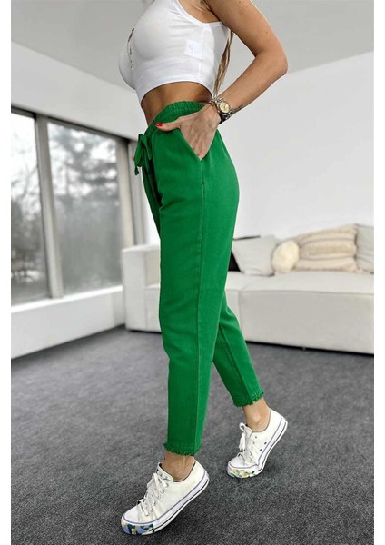 Kadın Beli Lastikli Paçası Püskül Detay Parça Boya Gabardin Yeşil Pantolon