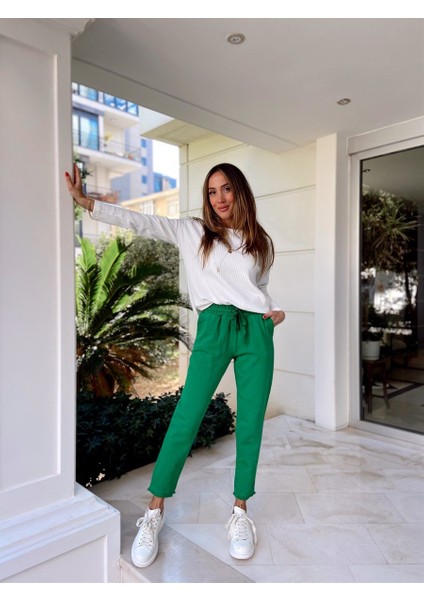 Kadın Beli Lastikli Paçası Püskül Detay Parça Boya Gabardin Yeşil Pantolon