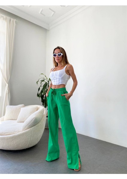 Kadın Yüksel Bel Yırtmaçlı Geniş Paça Gabardin Pantolon