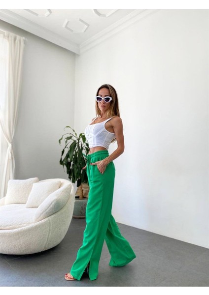 Kadın Yüksel Bel Yırtmaçlı Geniş Paça Gabardin Pantolon