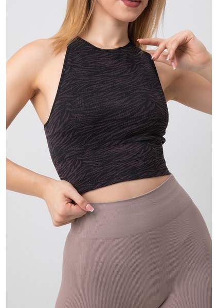 Seamless Zebra Desenli Halter Yaka Spor Sütyen