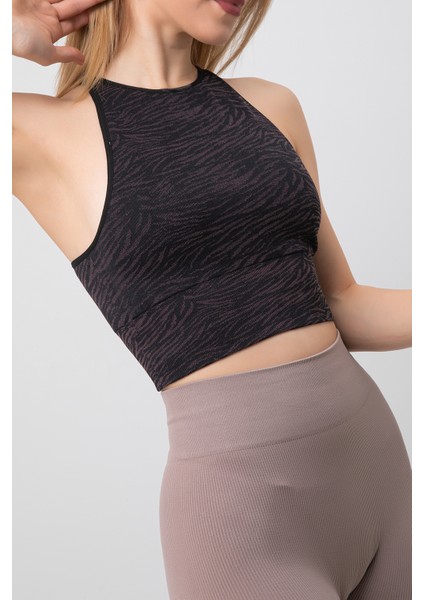 Seamless Zebra Desenli Halter Yaka Spor Sütyen