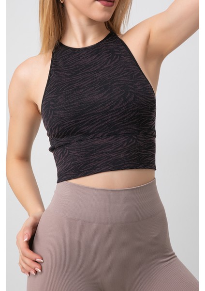 Seamless Zebra Desenli Halter Yaka Spor Sütyen