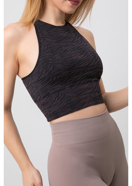 Seamless Zebra Desenli Halter Yaka Spor Sütyen