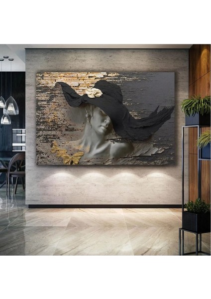 Siyah Şapkalı Gözü Kapalı Heykel Kadın Altın Kelebekler Dekor Kanvas Tablo