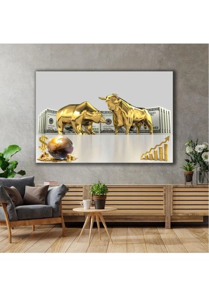 Altın Boğa ve Ayı Borsa Ekonomi Finans Dolar Altın Dünya Gold Lüks Dekor Kanvas Tablo