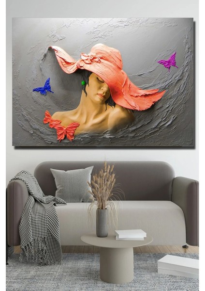 Kırmızı Şapkalı Kadın 3D Görünümlü Kanvas Tablo