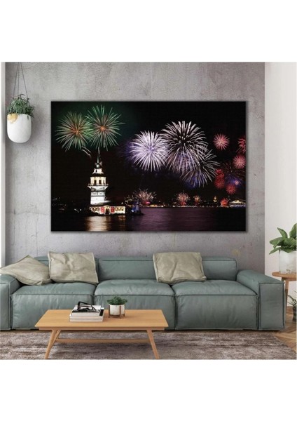 Istanbul Kız Kulesi Gece Işıklar Içinde Havayi Fişek Gösterisi Kanvas Tablo