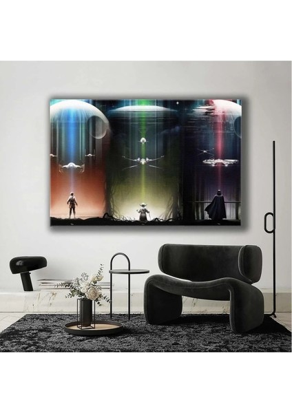 Star Wars Üçlemesi Savaş Gemileri Gezegenler Yoda Han Solo Darth Wader Kanvas Tablo