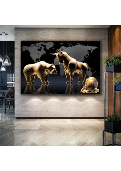 Borsa Altın Boğalar ve Ayılar Para Ekonomi Finans Büro Gold Lüks Dekor Kanvas Tablo