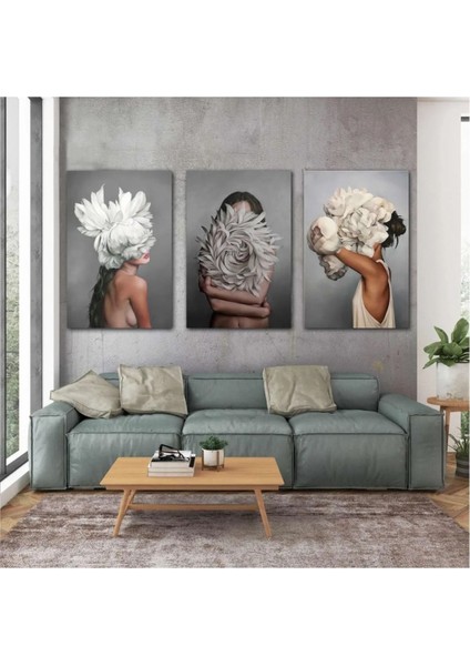 Beyaz Çiçek Kafalı Kadınlar Manken Kadın Dekor Üçlü Kombin 3 Lü Set Kanvas Tablo