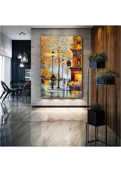 Sokak Lambaları Altında Yürüyen Insanlar Yağlı Boya Efektli Şehir Street Kanvas Tablo