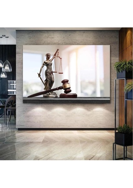 Themis Heykeli Kılıç Terazi Adalet Tokmağı Hakim Savcı Hukuk Bürosu Dekoratif Kanvas Tablo