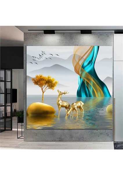 Dev Boyut Kare Dekoratif Altın Geyik Kanvas Tablo