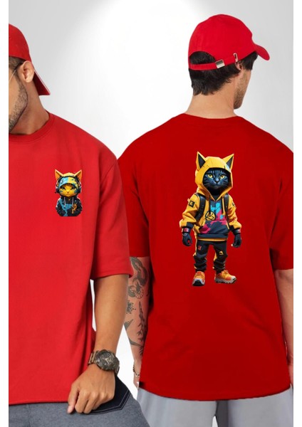 Spor Eşofman Takımı Sarı Kedi Insan Kırmızı Oversize Kadın Erkek Ön ve Sırt Baskılı T-Shirt