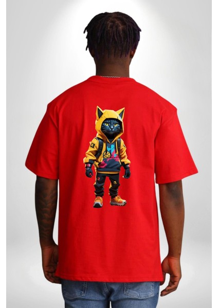 Spor Eşofman Takımı Sarı Kedi Insan Kırmızı Oversize Kadın Erkek Ön ve Sırt Baskılı T-Shirt