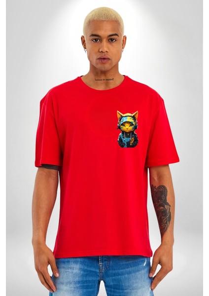 Spor Eşofman Takımı Sarı Kedi Insan Kırmızı Oversize Kadın Erkek Ön ve Sırt Baskılı T-Shirt